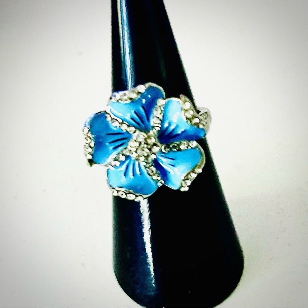 New Handmade Floral Sterling Silver Blue Hibiscus Flower Cocktail Statement Ring - Picture 3 of 7